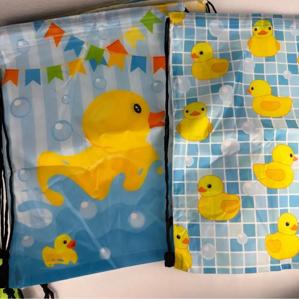 NWOT Duck-Themed Kids Drawstring Backpack Set - Yellow, Pink, Blue 8 pack